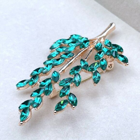 Rose Gold with Emerald Green Crystal Tree Branch with Leaves Pin Back Brooch - Picture 6 of 9